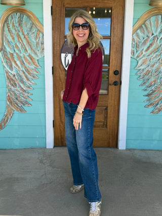 Burgundy Scallop Button Up Top