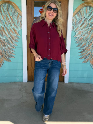 Burgundy Scallop Button Up Top