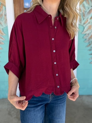 Burgundy Scallop Button Up Top