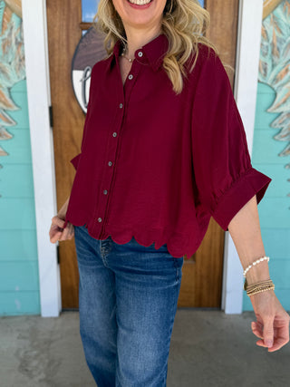 Burgundy Scallop Button Up Top