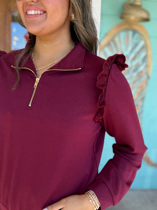 Burgundy Scallop Zip Up Top