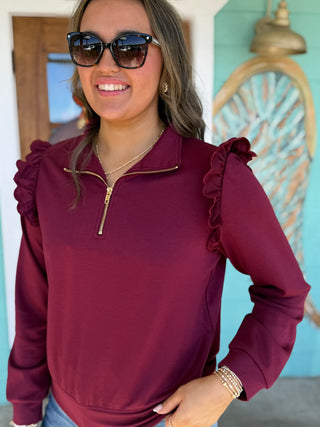 Burgundy Scallop Zip Up Top
