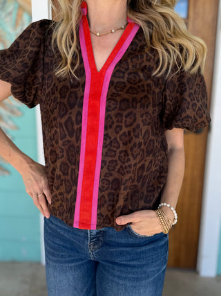 Leopard Print Color Block Collar Top