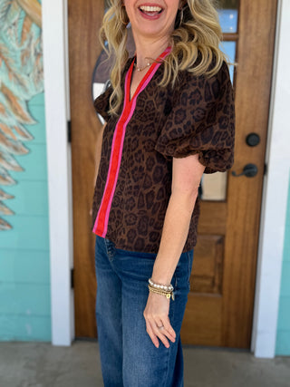 Leopard Print Color Block Collar Top