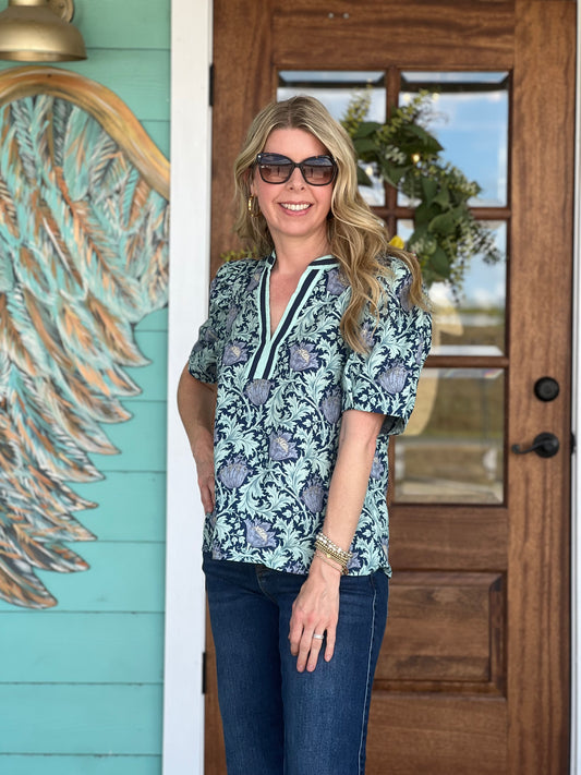 Navy Botanical Print Top