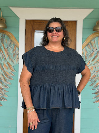 Indigo Chambray Smocked Top