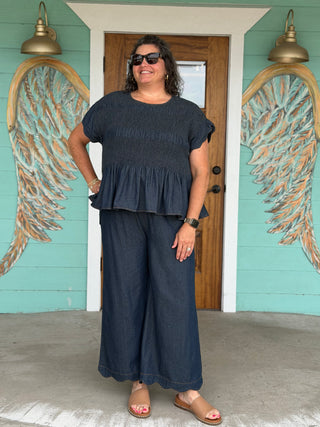 Indigo Chambray Scalloped Pants