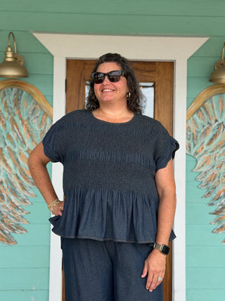 Indigo Chambray Smocked Top