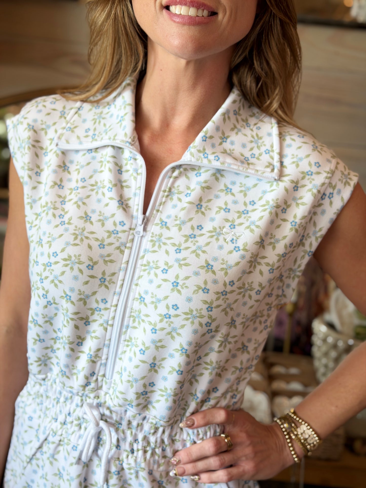 Floral Sage Half Zip Cinch Dress