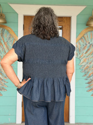 Indigo Chambray Smocked Top