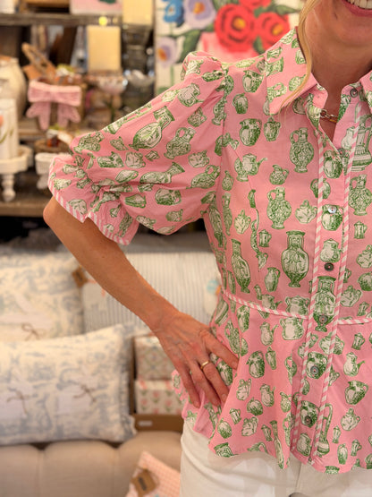 Pink & Green Vase Print Top