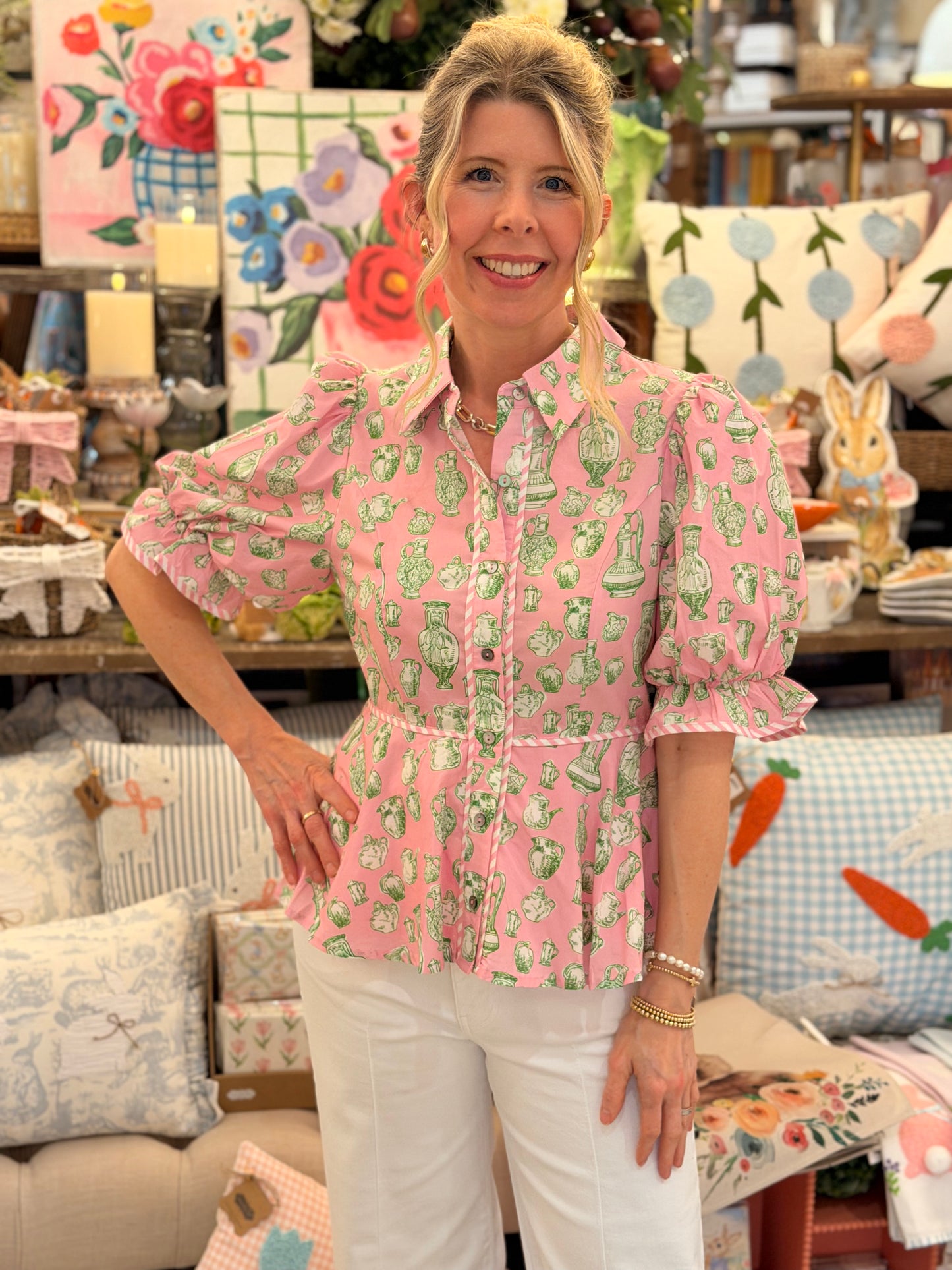 Pink & Green Vase Print Top