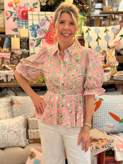 Pink & Green Vase Print Top