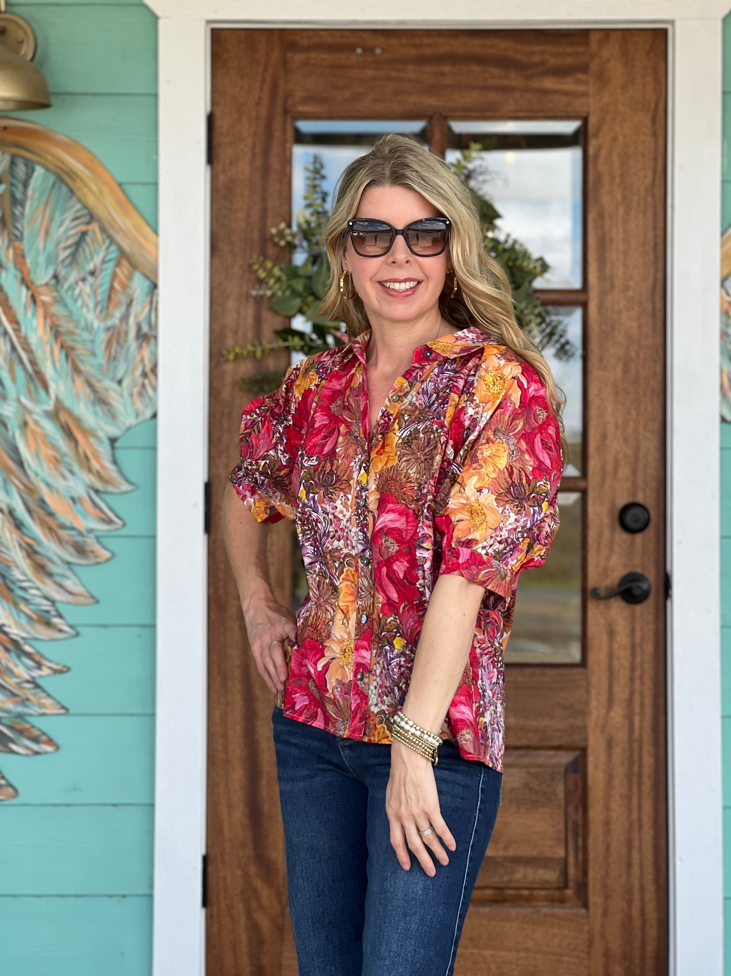 Red Multi Floral Puff Sleeve Top