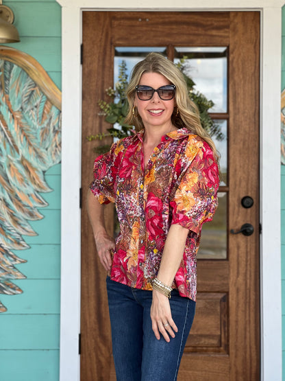 Red Multi Floral Puff Sleeve Top