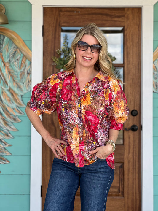 Red Multi Floral Puff Sleeve Top