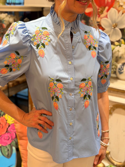 Chambray Floral Embroidered Top