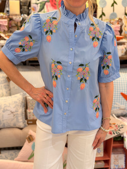 Chambray Floral Embroidered Top