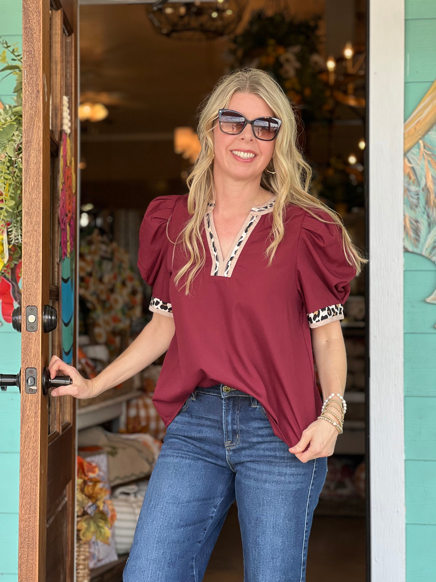 Merlot Leopard Trim Puff Sleeve Top