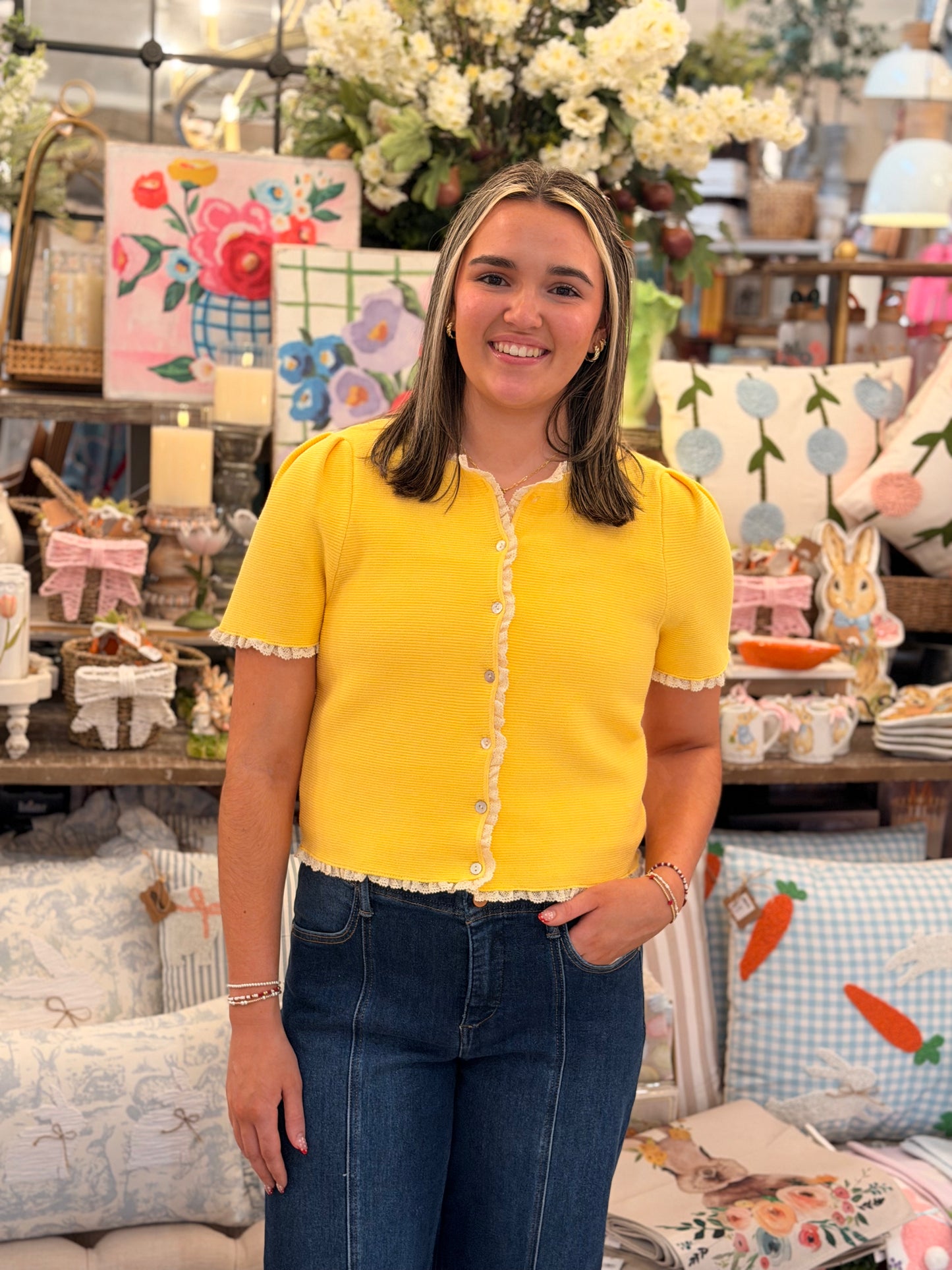 Lemon Crochet Trim Cardigan