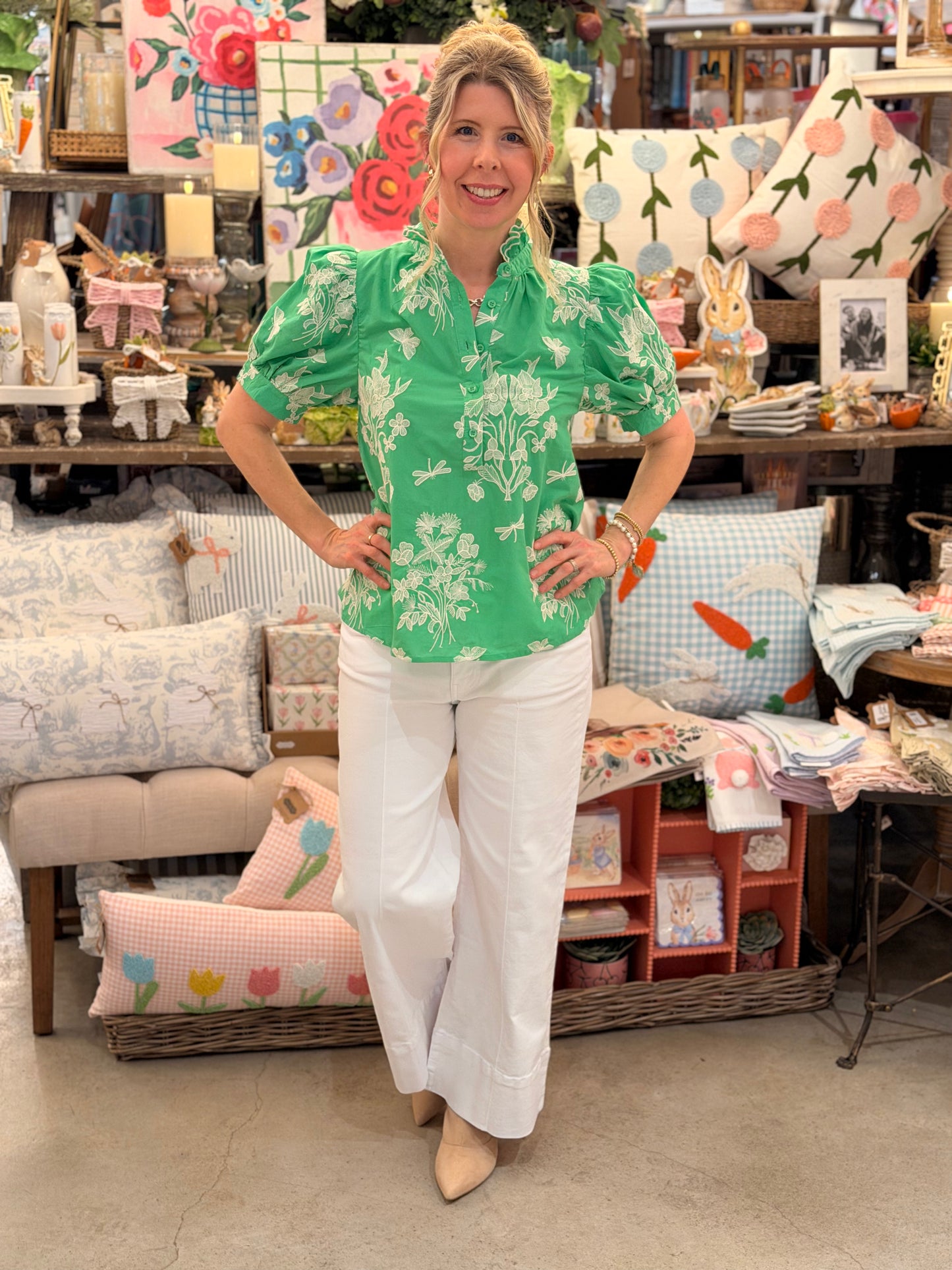 Green Floral Embroidery Puff Sleeve Top