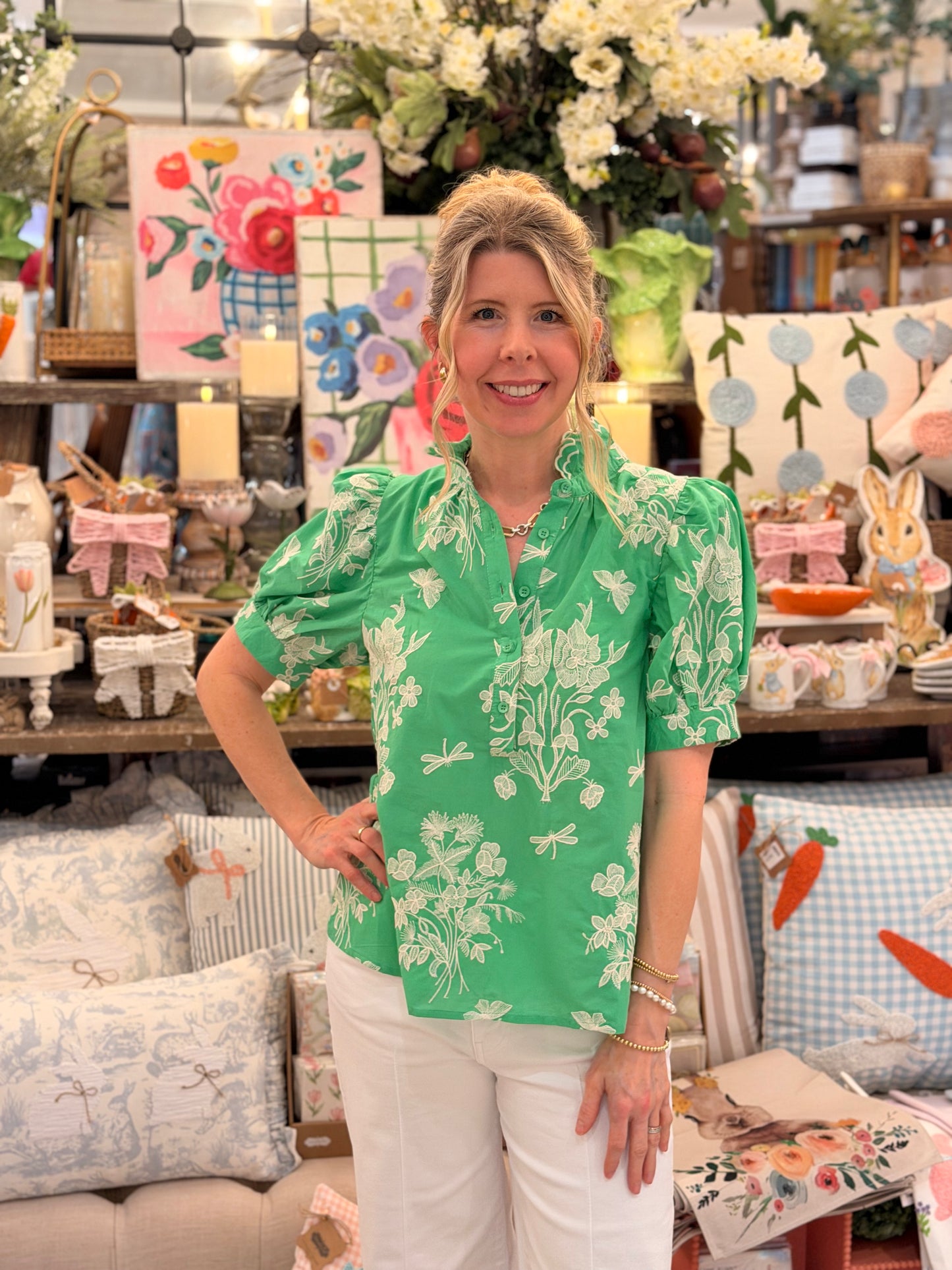 Green Floral Embroidery Puff Sleeve Top