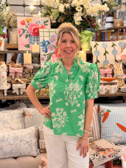 Green Floral Embroidery Puff Sleeve Top