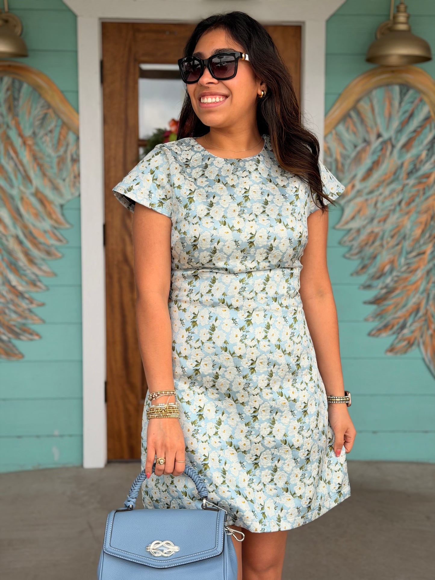 Light Blue Floral Jaquard Mini Dress