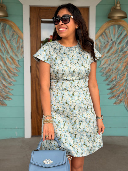 Light Blue Floral Jaquard Mini Dress