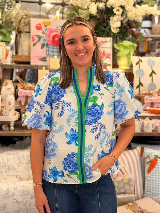 Blue Floral Puff Sleeve Top