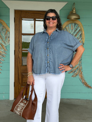 Denim Frayed Trim Button Up Top