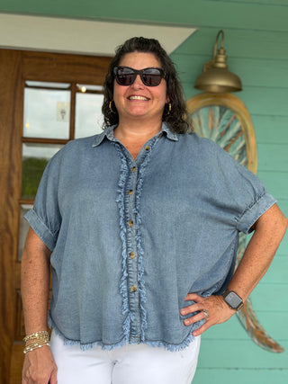 Denim Frayed Trim Button Up Top