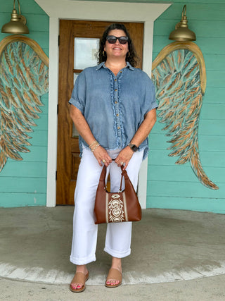 Denim Frayed Trim Button Up Top