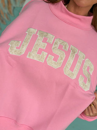 Pink Embroidered Jesus Sweatshirt
