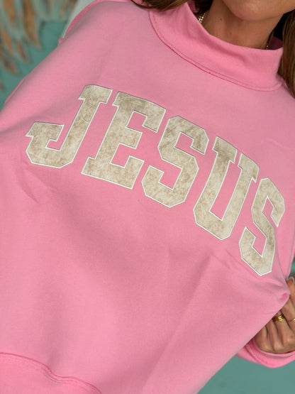 Pink Embroidered Jesus Sweatshirt