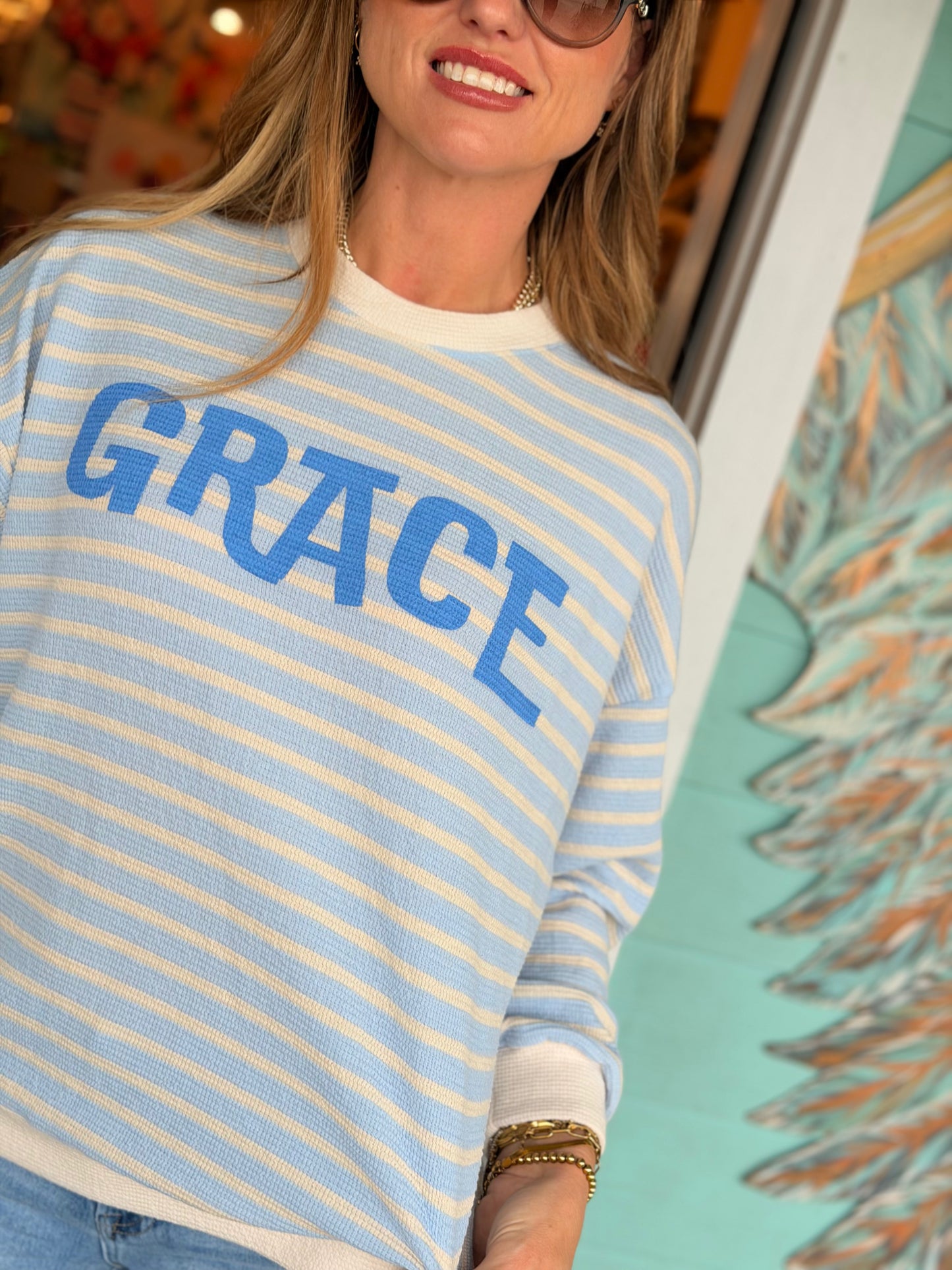 Grace Light Blue Stripe Top