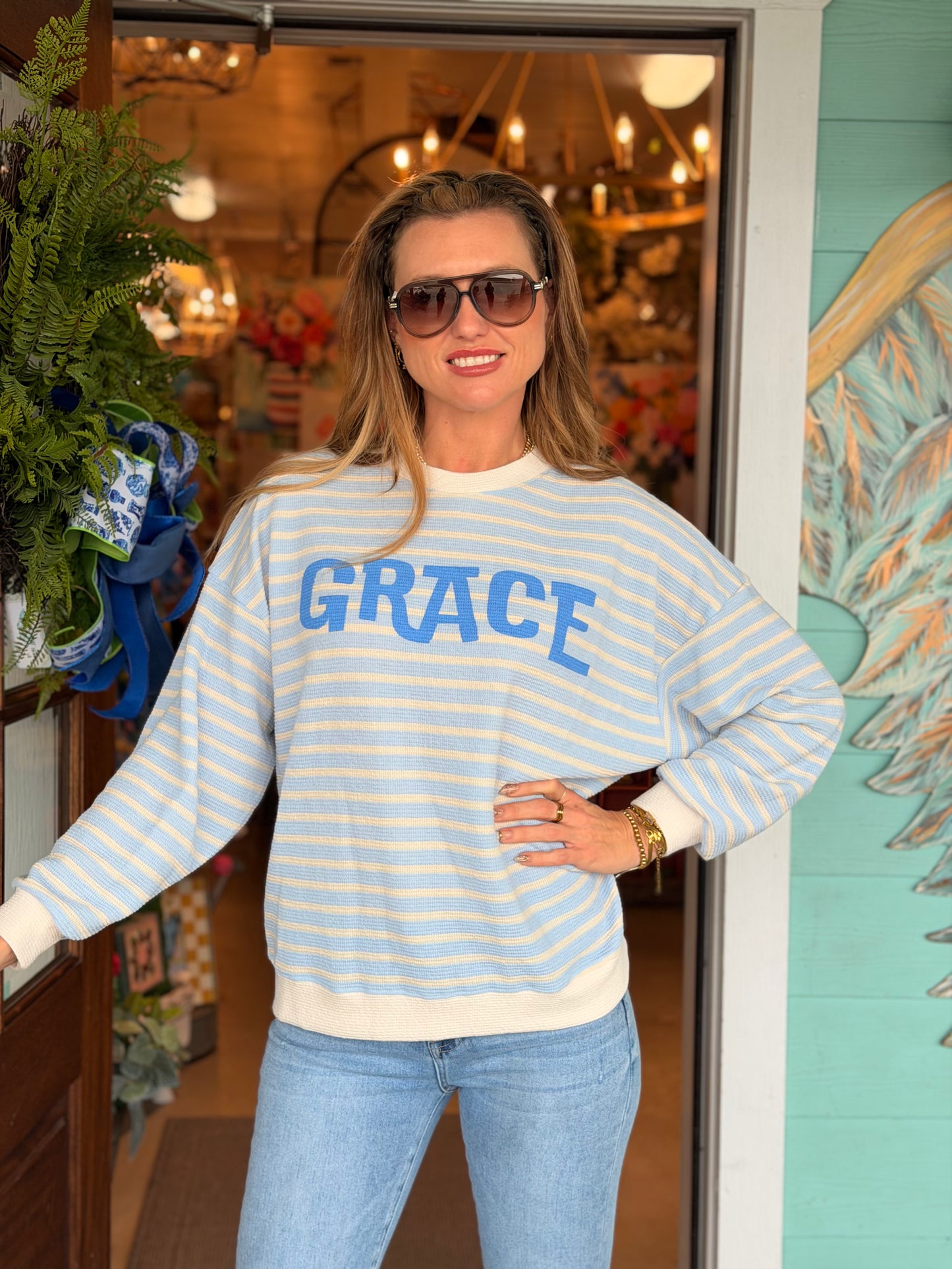 Grace Light Blue Stripe Top