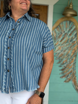 Mineral Washed Stripe Denim Button Top