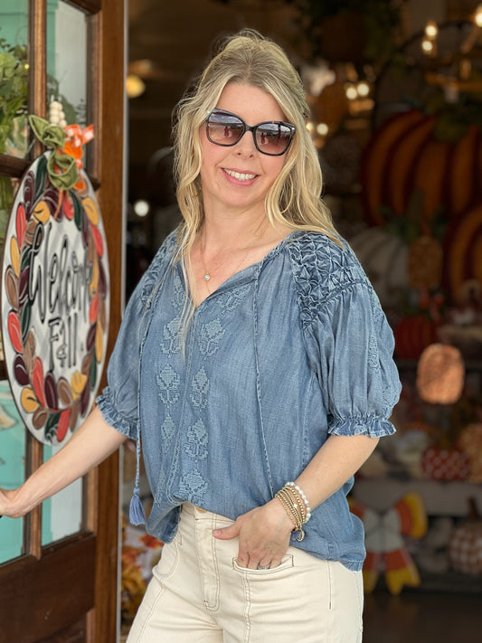 Ivy Jane Denim Smocked Emroidered Top