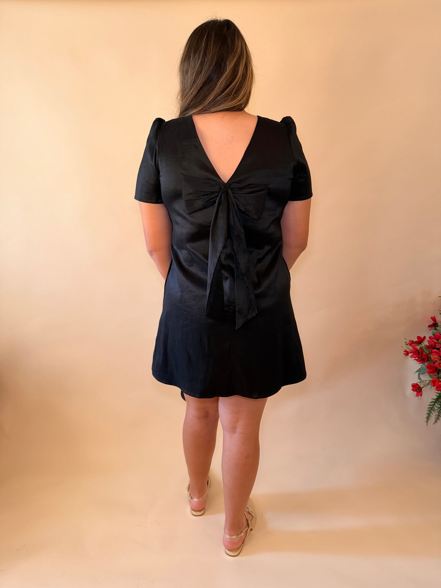 Black Taffeta Bow Detail Dress