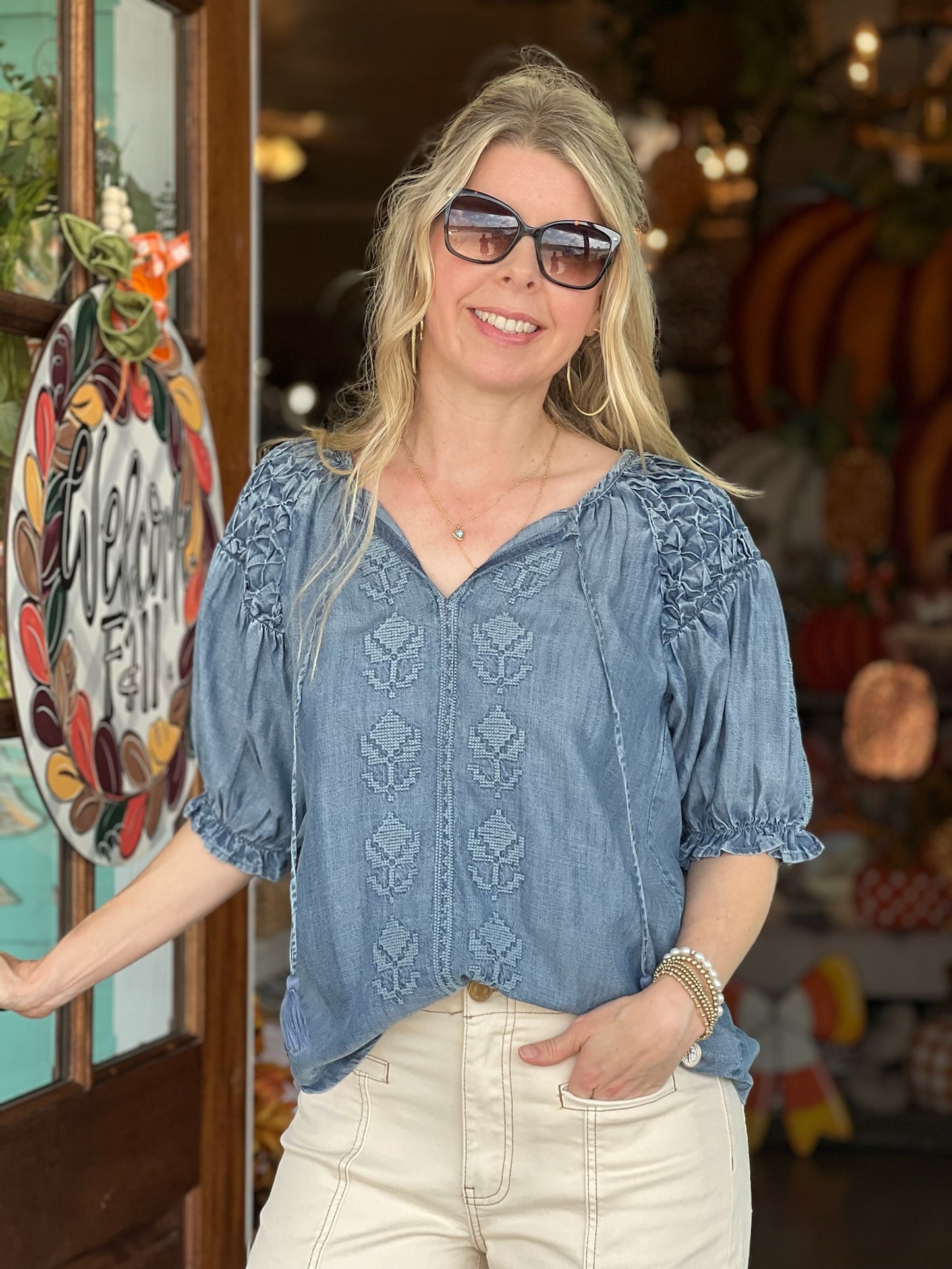 Ivy Jane Denim Smocked Emroidered Top