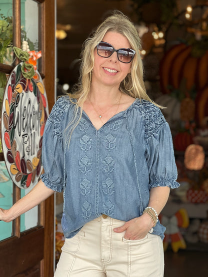 Ivy Jane Denim Smocked Emroidered Top