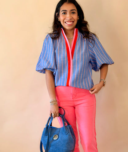 THML Blue Bubble Sleeve Striped Top