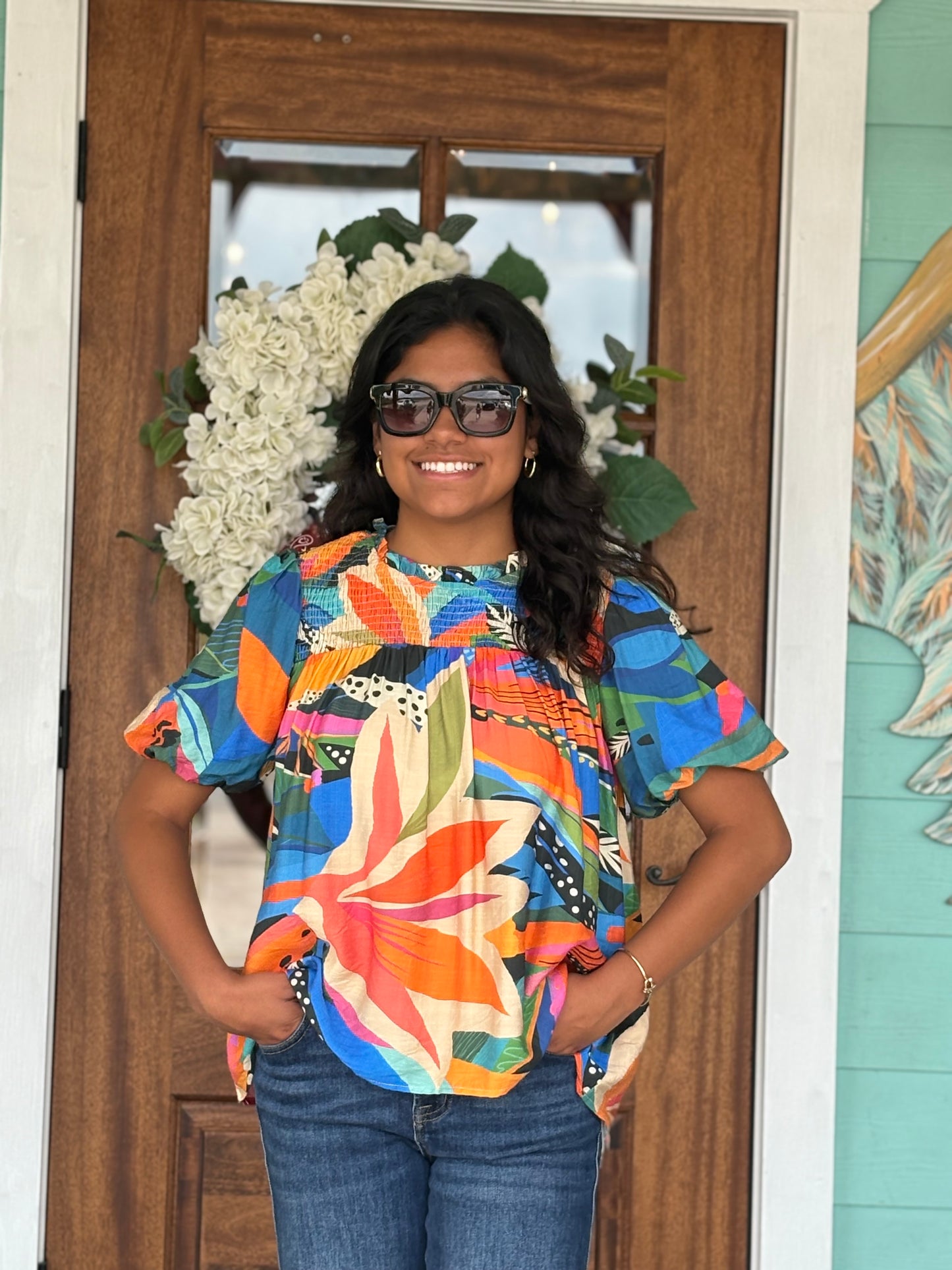 Bold Multi Print Puff Sleeve Top