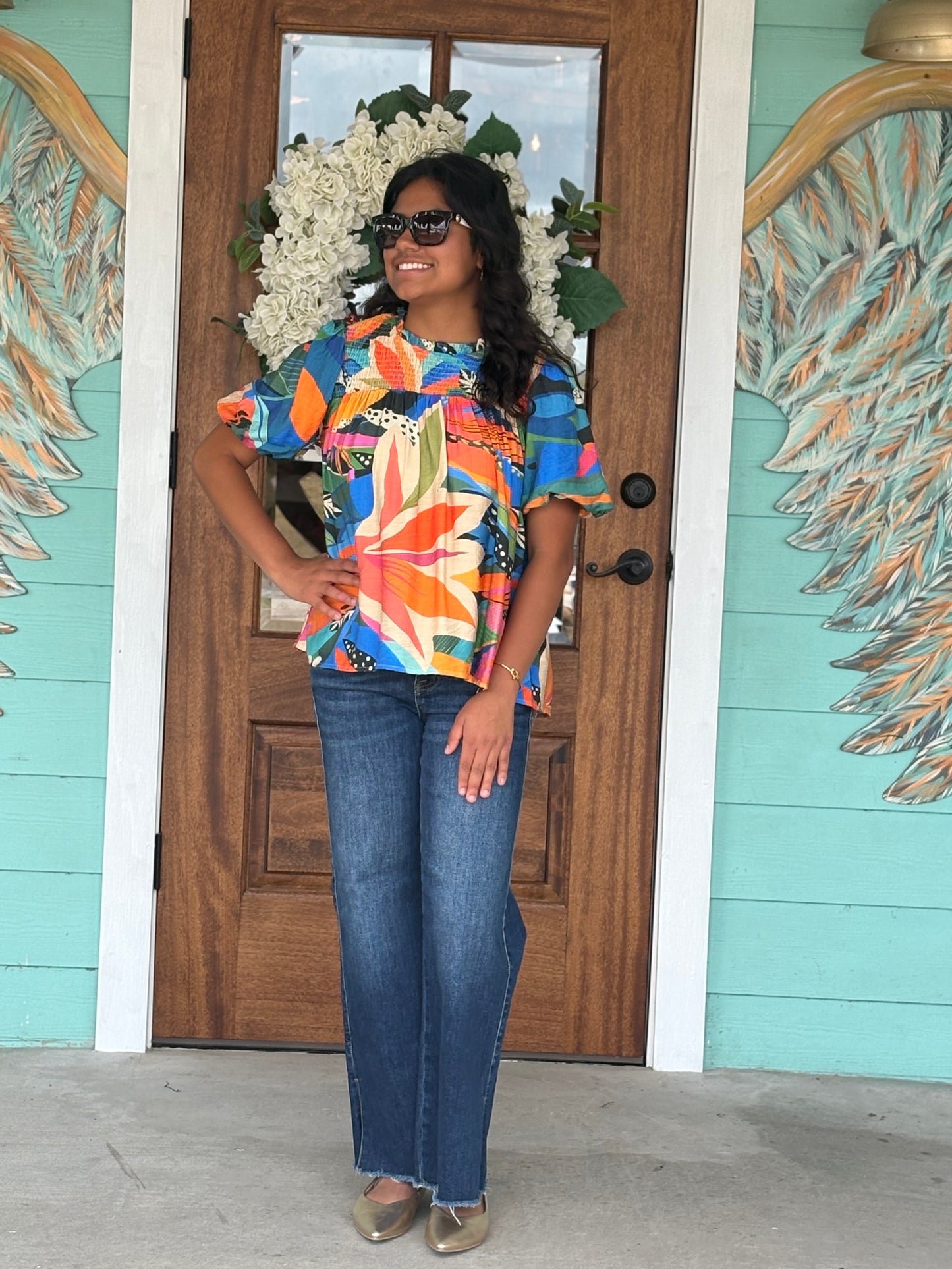 Bold Multi Print Puff Sleeve Top