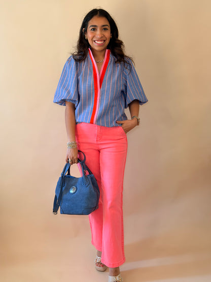 THML Blue Bubble Sleeve Striped Top