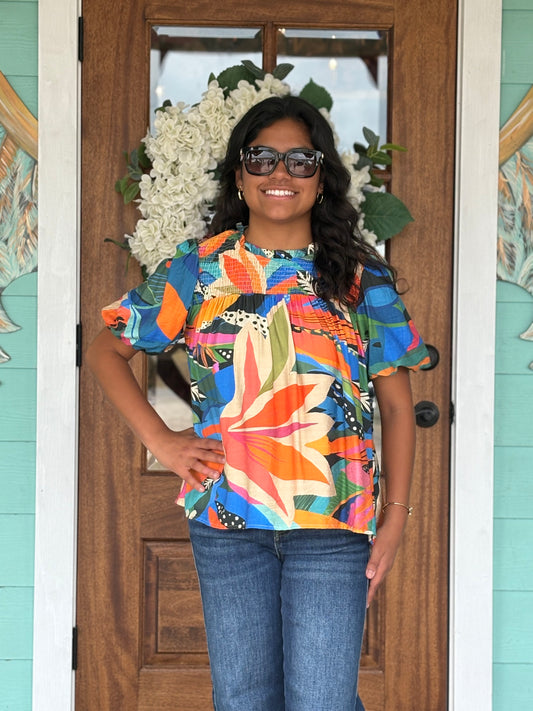 Bold Multi Print Puff Sleeve Top