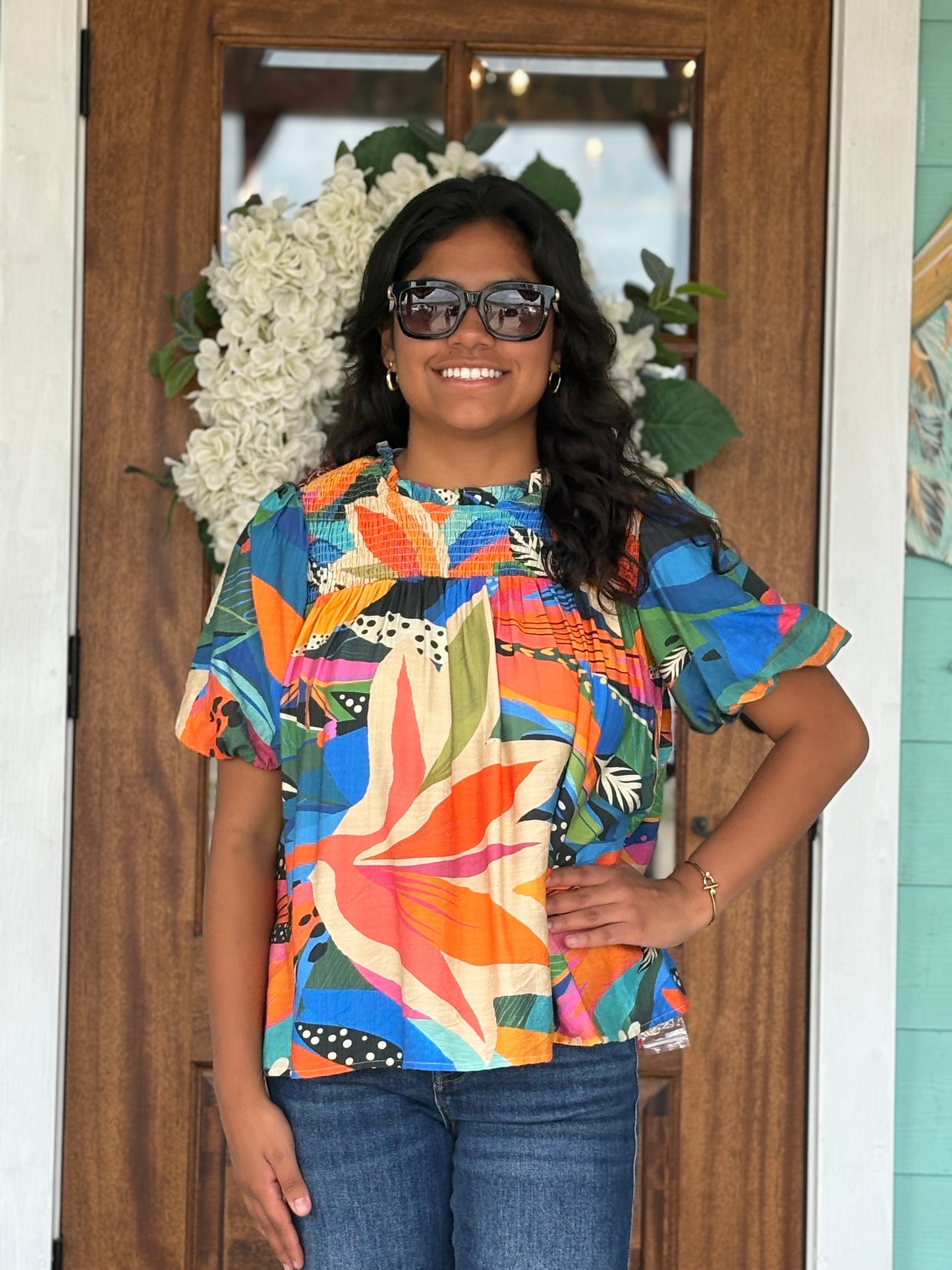 Bold Multi Print Puff Sleeve Top