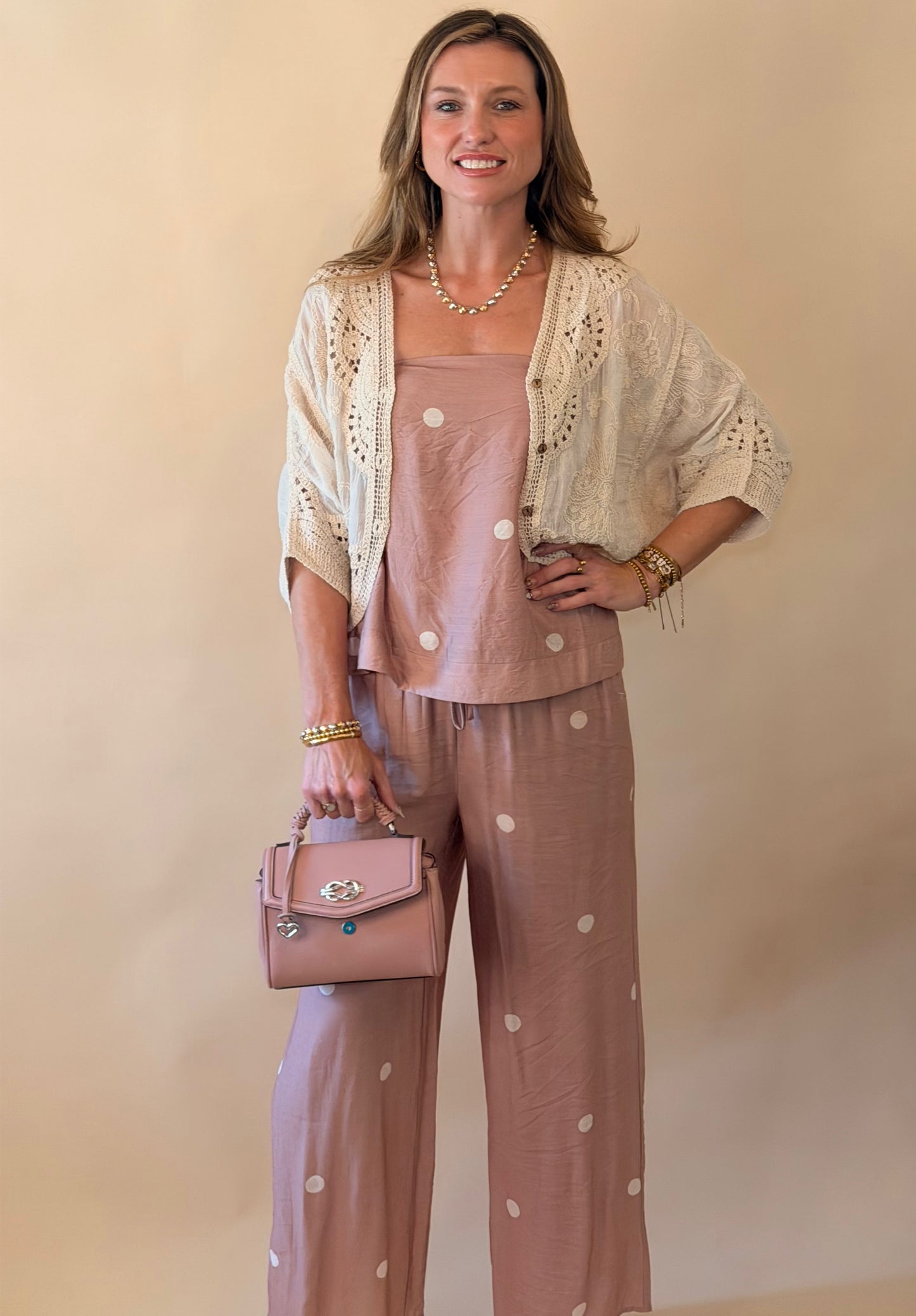 Natural Floral Embroidered Lace Button Top