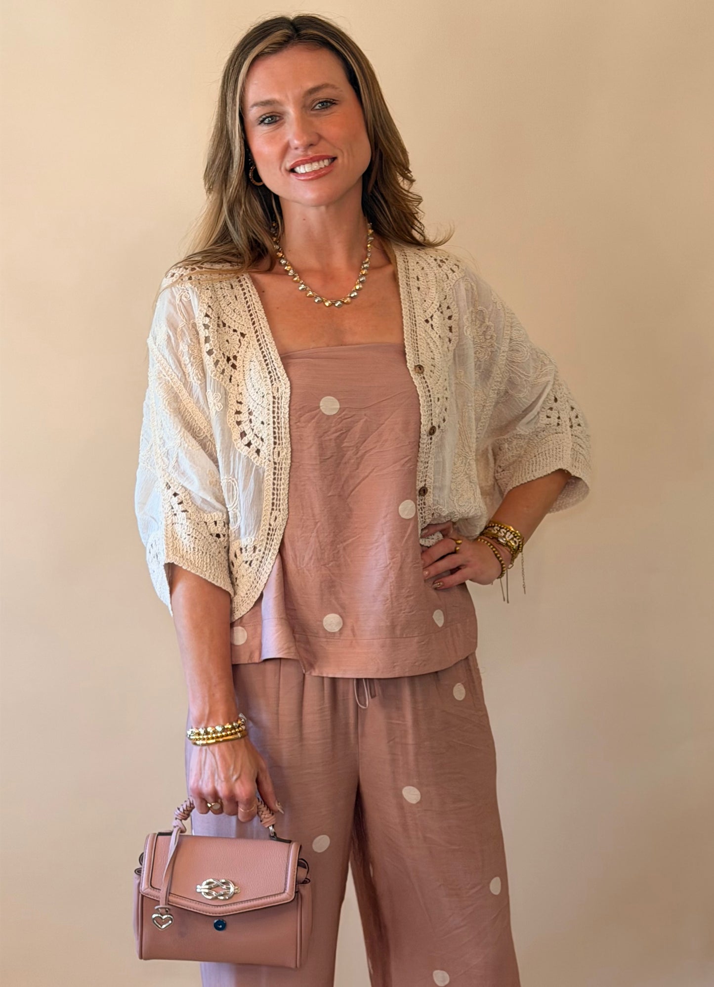 Natural Floral Embroidered Lace Button Top